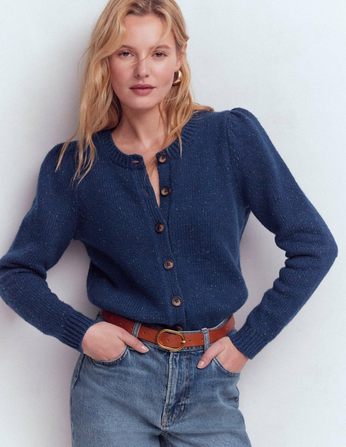 Davina Puff Sleeve Cardigan-Blue, Nep / Boden On sale