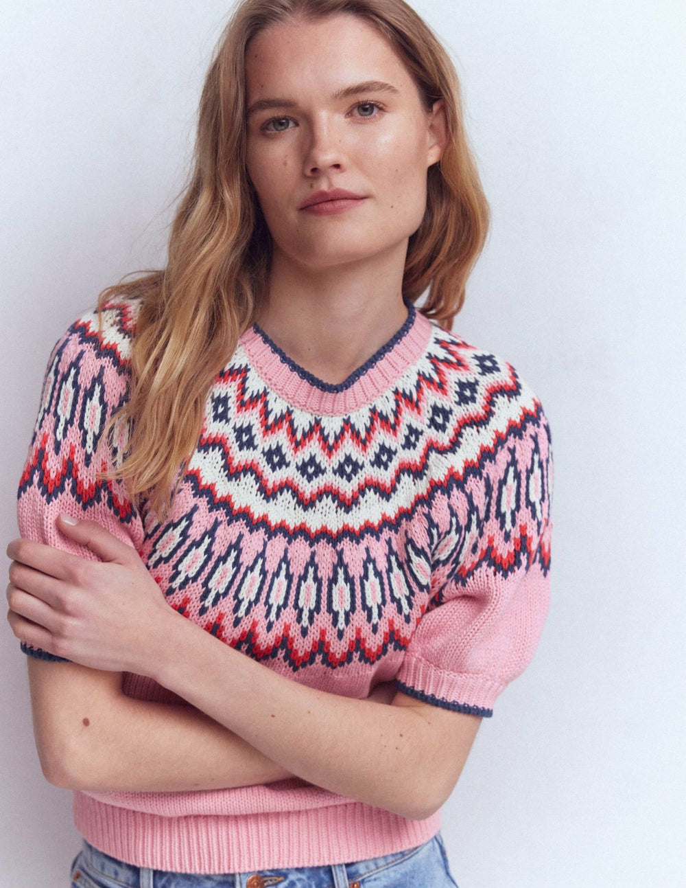 Margot Puff Sleeve T-Shirt-Almond Pink Fair Isle / Boden Discount