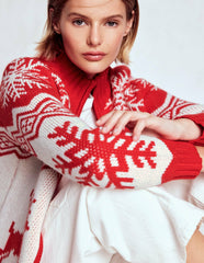 Zip Up Jacquard Cardigan-Poppy Red Reindeer / Boden us