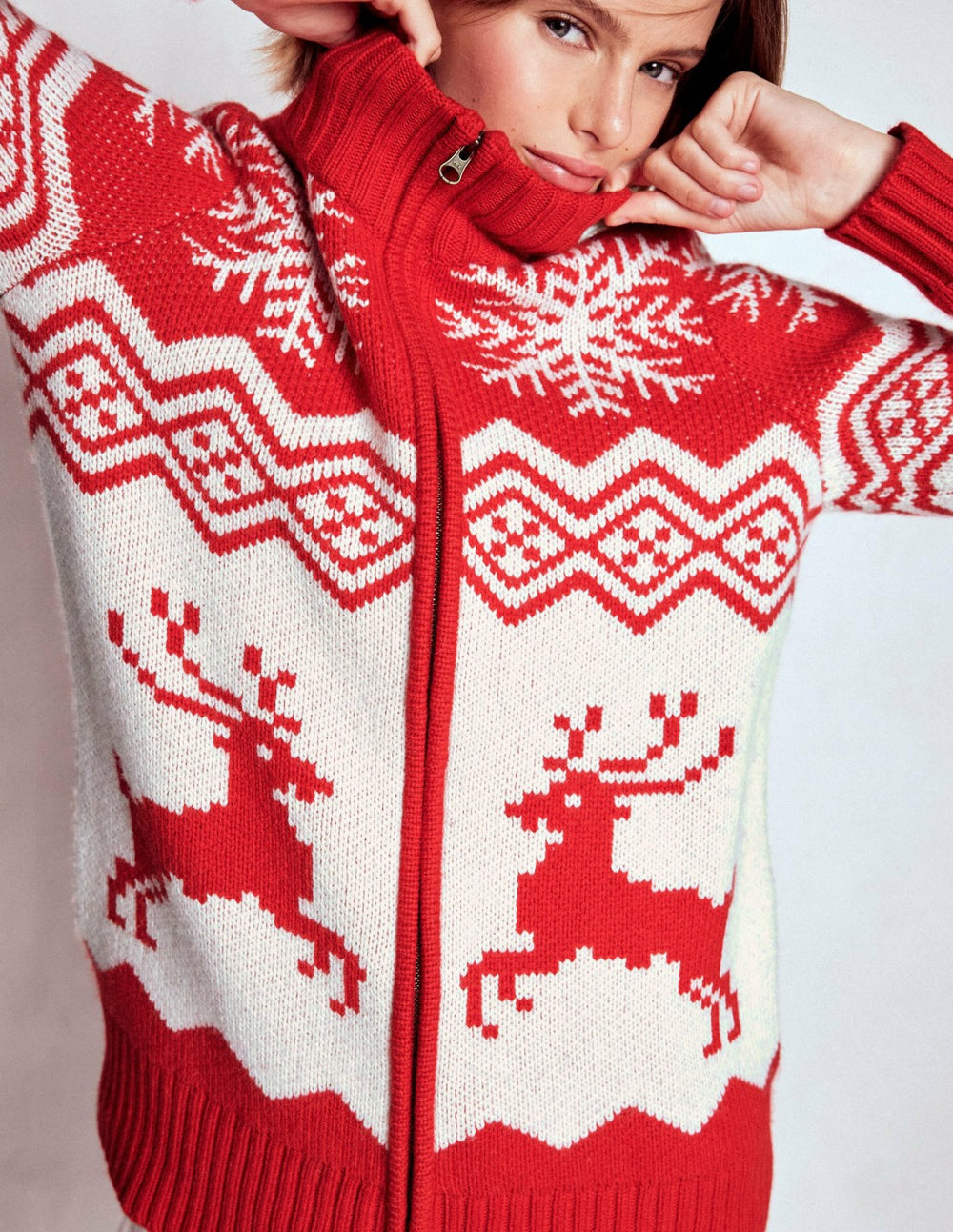 Zip Up Jacquard Cardigan-Poppy Red Reindeer / Boden us