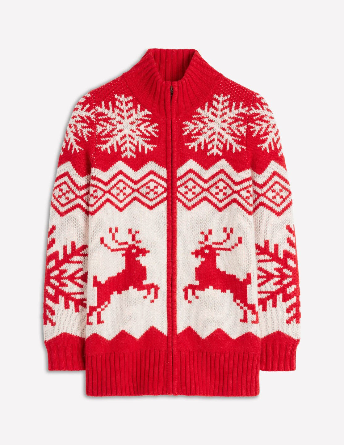 Zip Up Jacquard Cardigan-Poppy Red Reindeer / Boden us