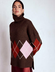 Polly Merino Roll Neck Sweater-Brown, Pink Argyle / Boden