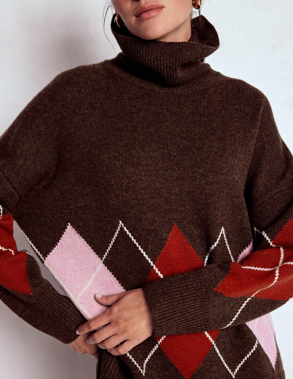 Polly Merino Roll Neck Sweater-Brown, Pink Argyle / Boden