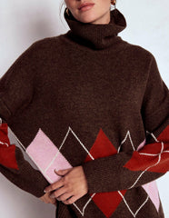 Polly Merino Roll Neck Sweater-Brown, Pink Argyle / Boden