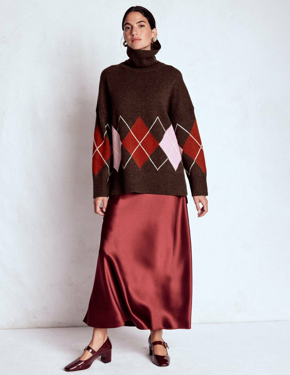 Polly Merino Roll Neck Sweater-Brown, Pink Argyle / Boden