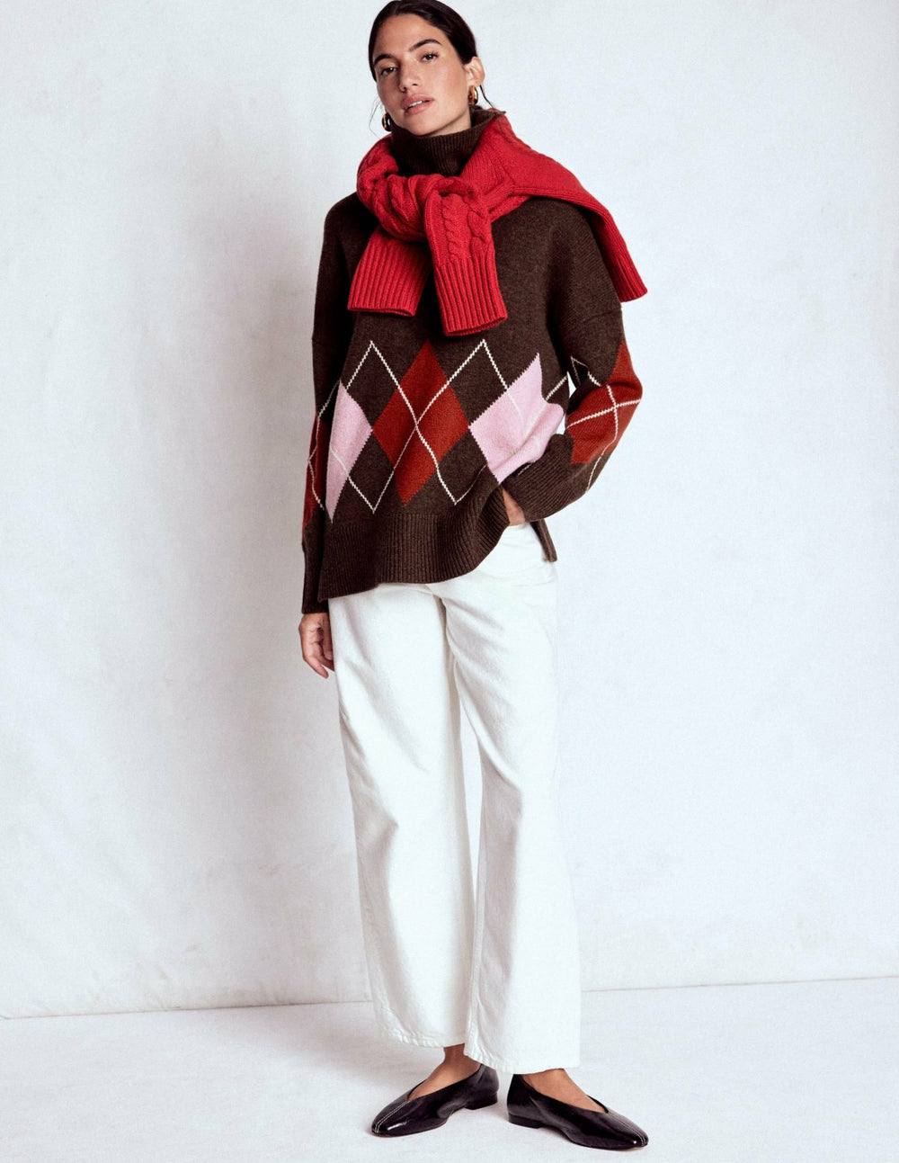 Polly Merino Roll Neck Sweater-Brown, Pink Argyle / Boden