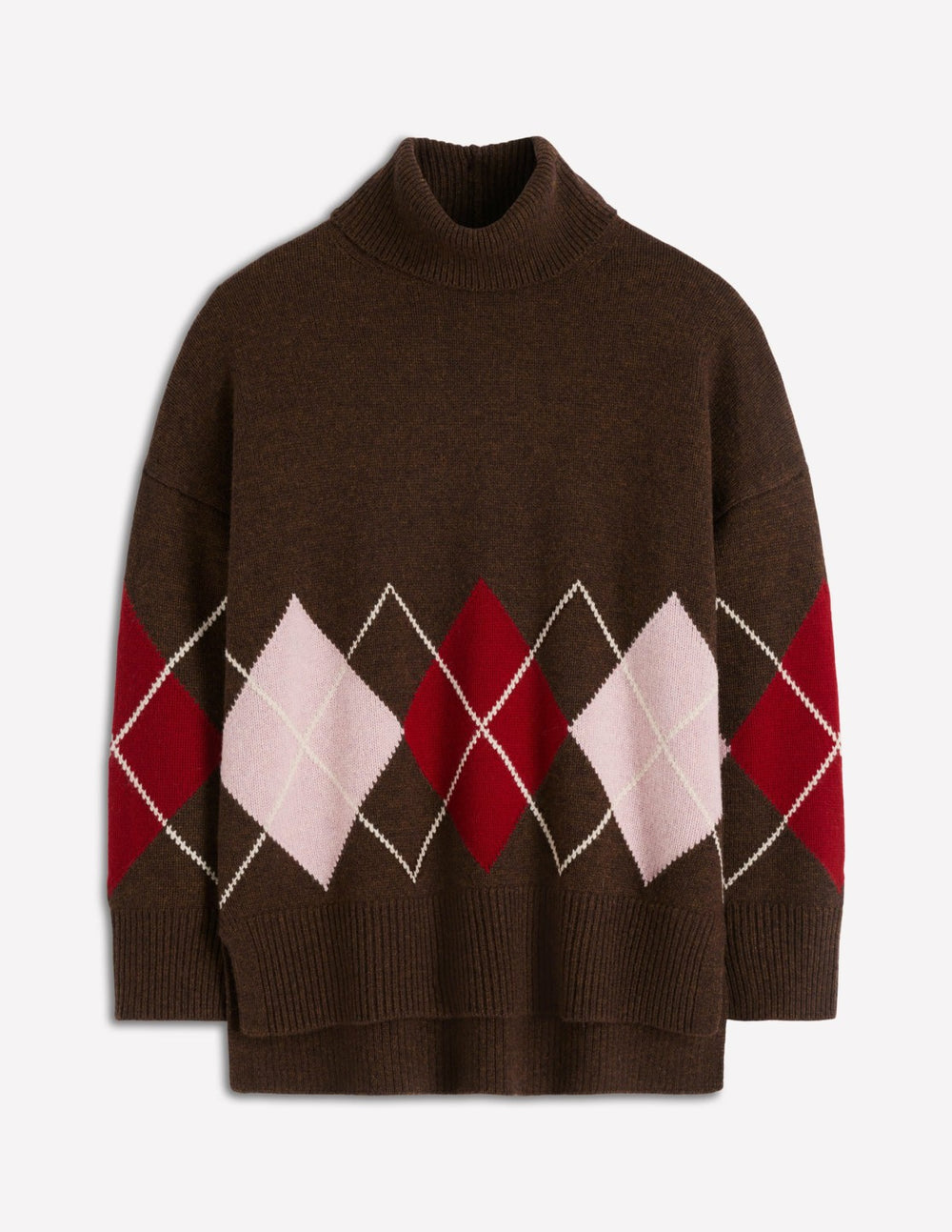 Polly Merino Roll Neck Sweater-Brown, Pink Argyle / Boden