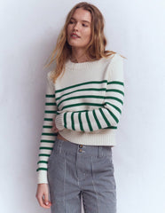 Lucy Chunky Cotton Sweater-Ivory and Jewel Green Stripe / Boden Sale