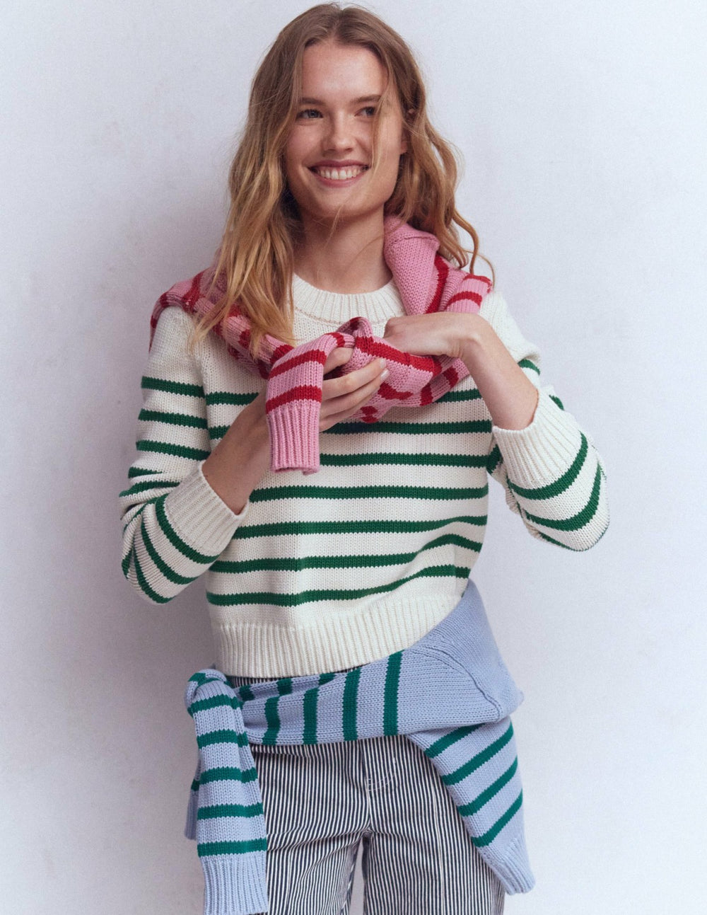 Lucy Chunky Cotton Sweater-Ivory and Jewel Green Stripe / Boden Sale