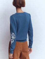 Davina Puff Sleeve Sweater-Denim Blue Embroidery / Boden Online