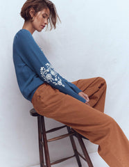 Davina Puff Sleeve Sweater-Denim Blue Embroidery / Boden Online