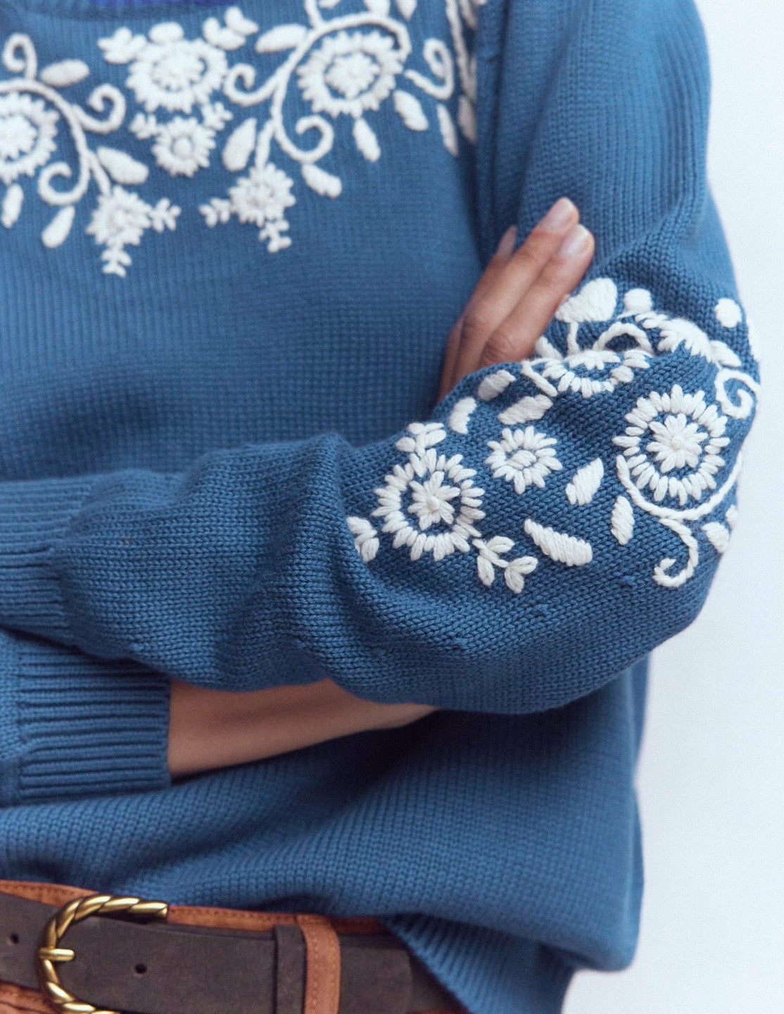 Davina Puff Sleeve Sweater-Denim Blue Embroidery / Boden Online