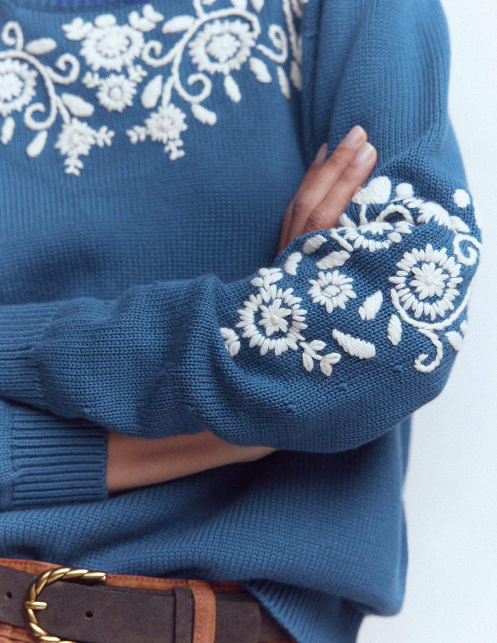 Davina Puff Sleeve Sweater-Denim Blue Embroidery / Boden Online