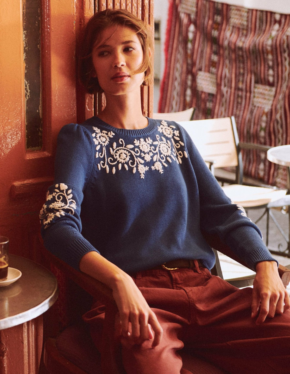 Davina Puff Sleeve Sweater-Denim Blue Embroidery / Boden Online