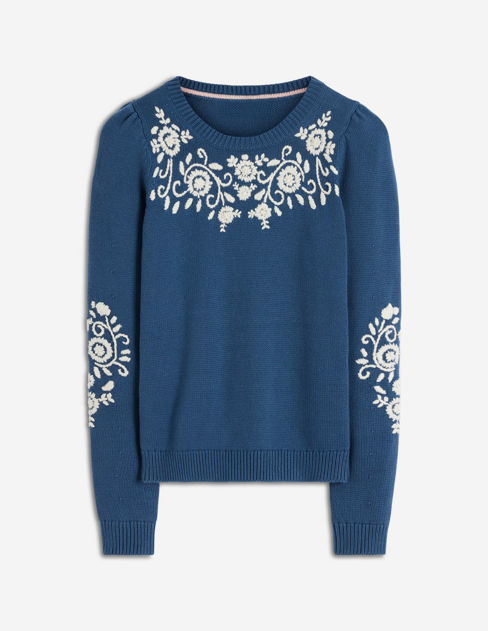 Davina Puff Sleeve Sweater-Denim Blue Embroidery / Boden Online