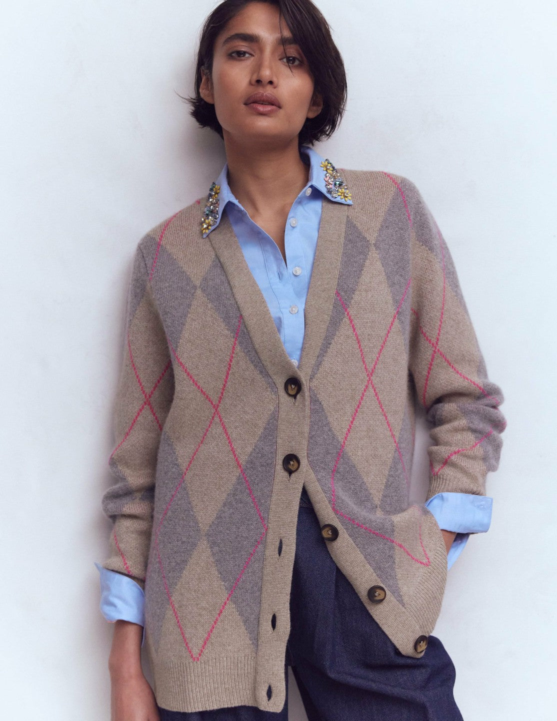 Quinn Boyfriend Cardigan-Neutral Argyle / Boden On sale