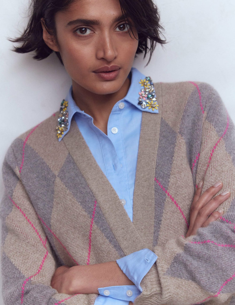 Quinn Boyfriend Cardigan-Neutral Argyle / Boden On sale