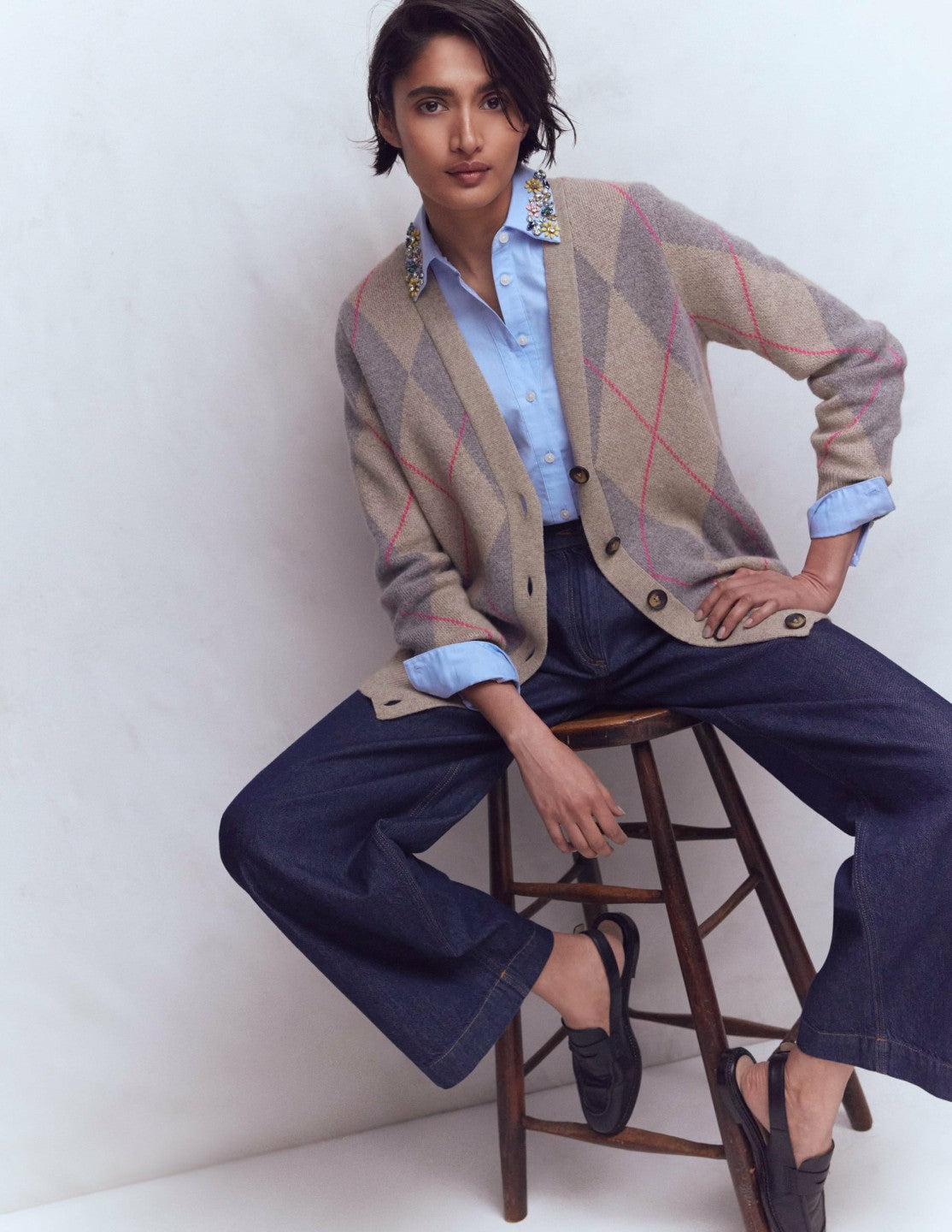 Quinn Boyfriend Cardigan-Neutral Argyle / Boden On sale
