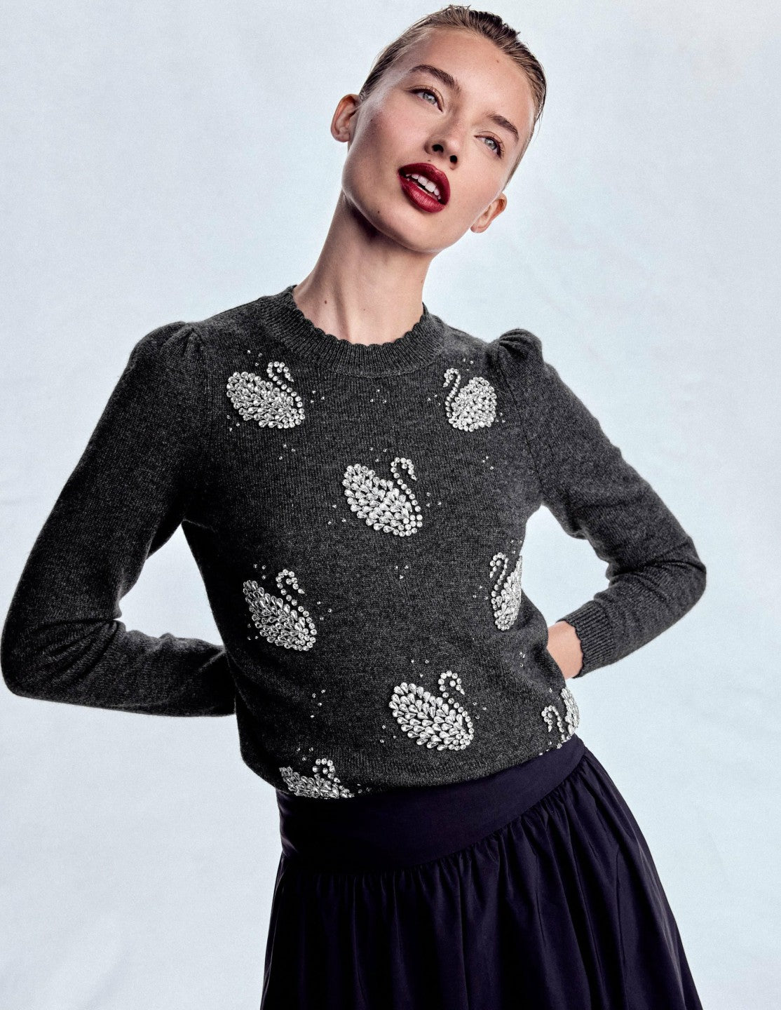Elizabeth Embellished Sweater-Charcoal Melange Swans / Boden us