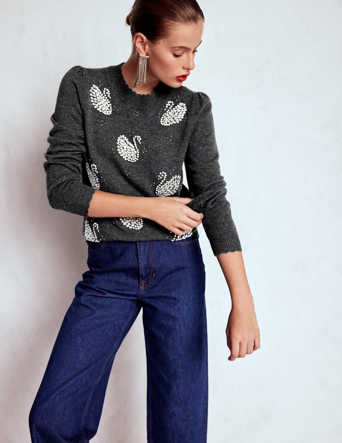 Elizabeth Embellished Sweater-Charcoal Melange Swans / Boden us