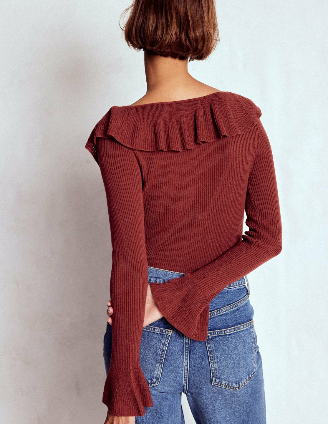 Ruffled Rib Henley Sweater-Chestnut / Boden Online