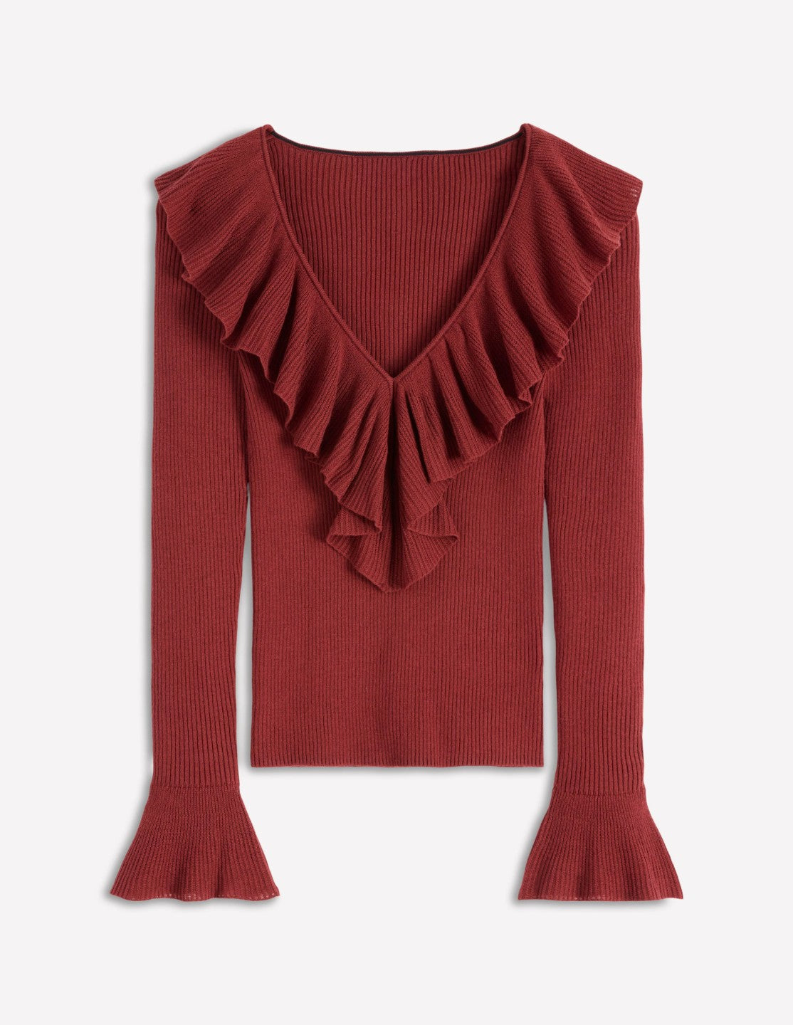 Ruffled Rib Henley Sweater-Chestnut / Boden Online