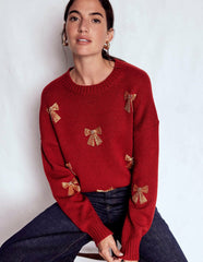 Natalie Embroidered Sweater-Red, Embellished Bows / Boden Discount