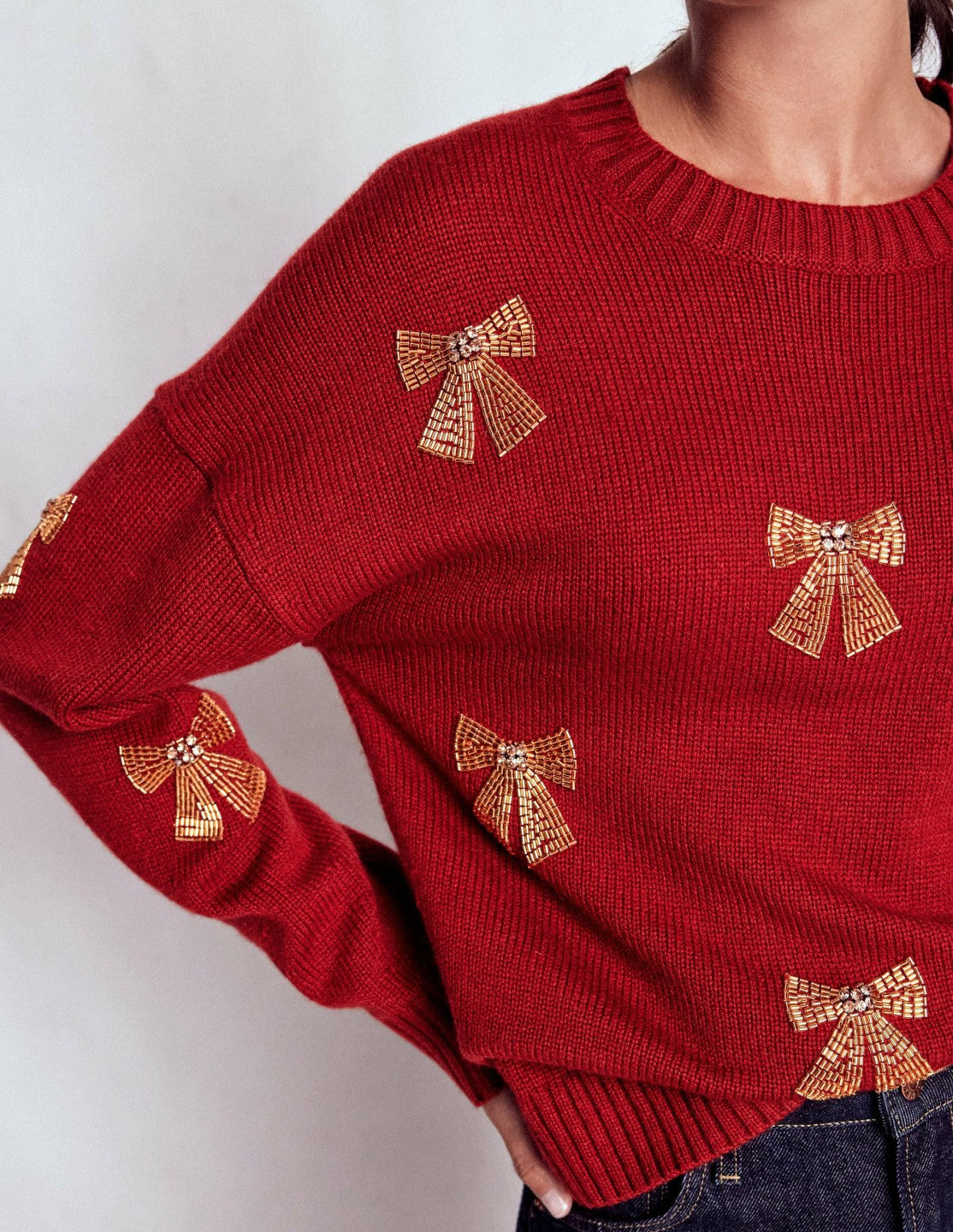 Natalie Embroidered Sweater-Red, Embellished Bows / Boden Discount