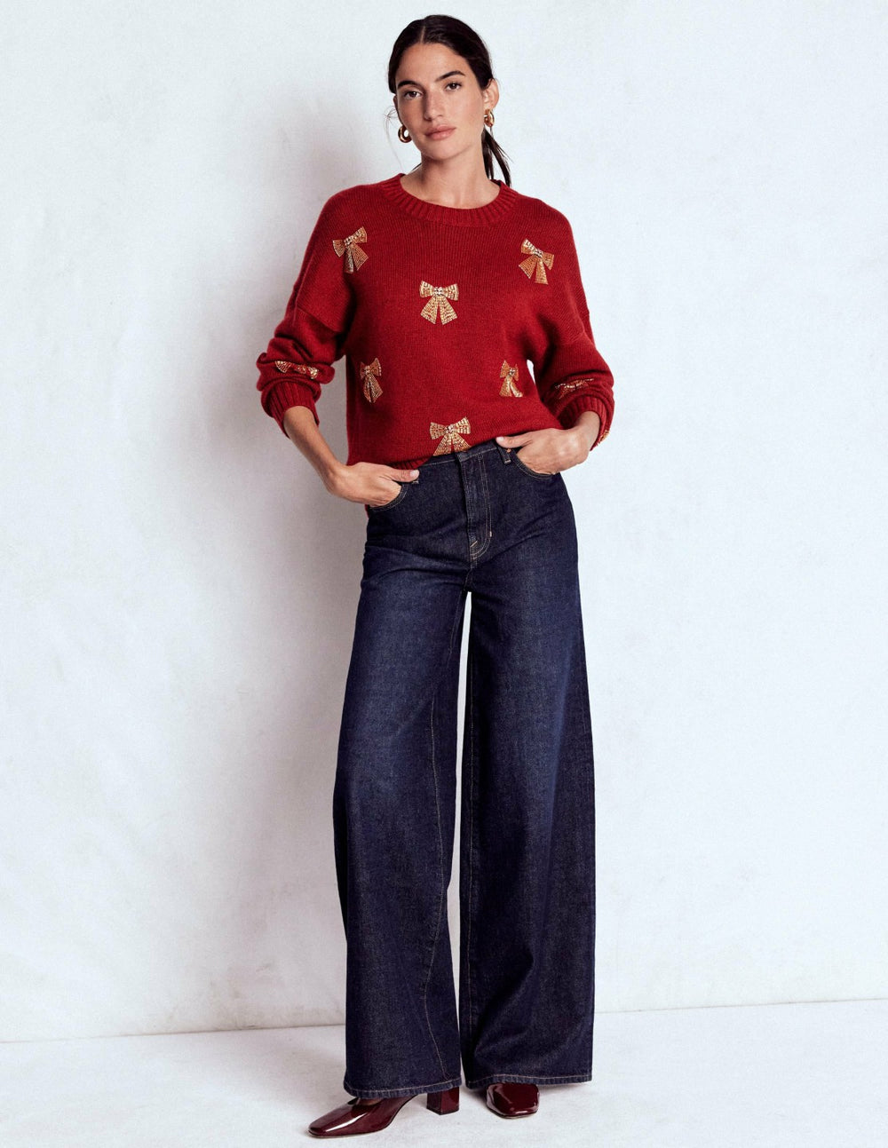 Natalie Embroidered Sweater-Red, Embellished Bows / Boden Discount