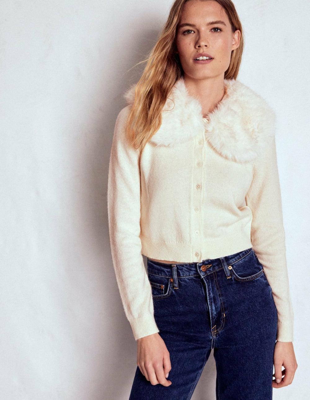 Fur Collar Cropped Cardigan-Warm Ivory / Boden us
