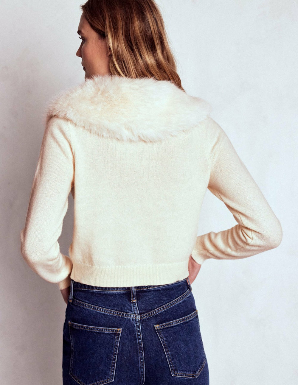 Fur Collar Cropped Cardigan-Warm Ivory / Boden us