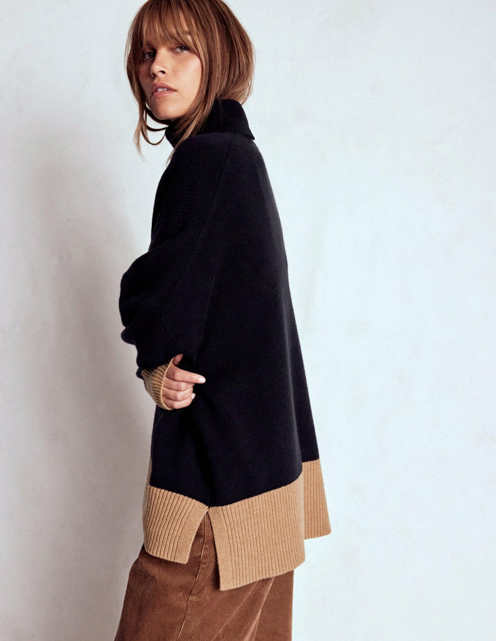 Polly Merino Roll Neck Sweater-Navy, Warm Taupe Colour Block / Boden