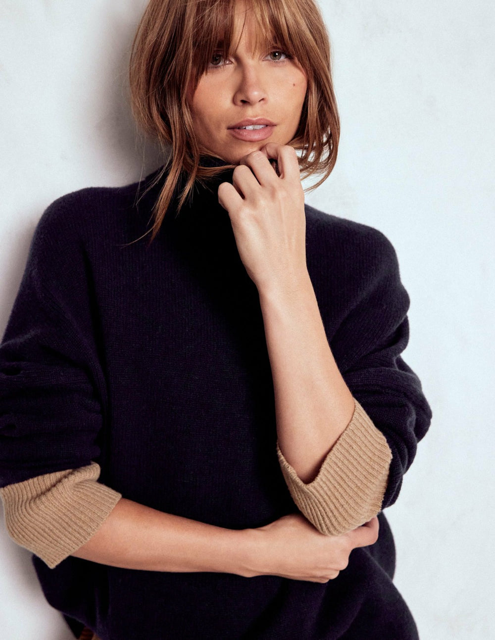 Polly Merino Roll Neck Sweater-Navy, Warm Taupe Colour Block / Boden