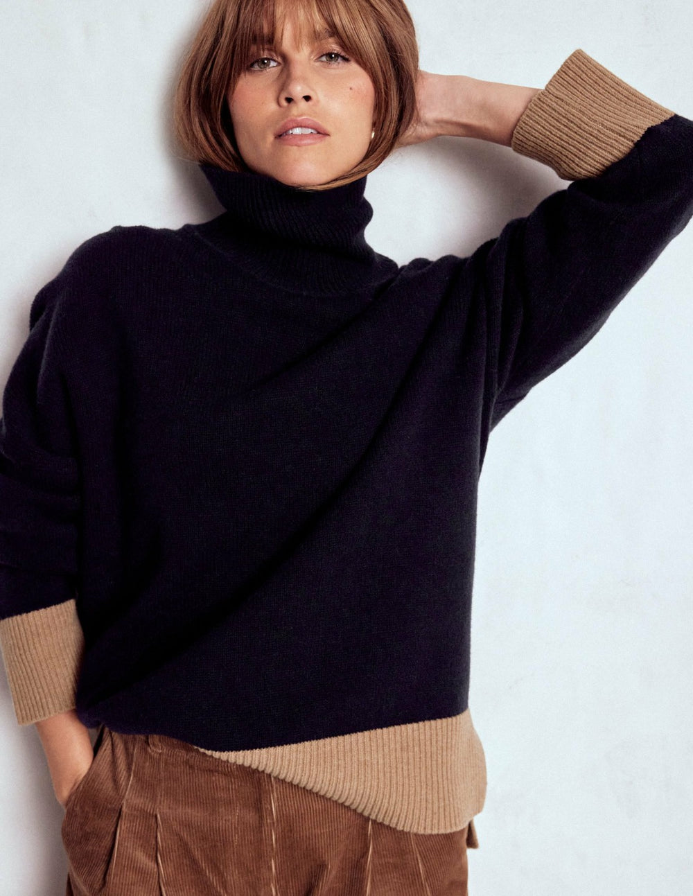 Polly Merino Roll Neck Sweater-Navy, Warm Taupe Colour Block / Boden