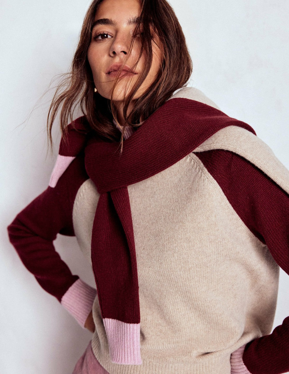 Marion Merino Rib Neck Sweater-Linen, Pinotage Colour Block / Boden Online