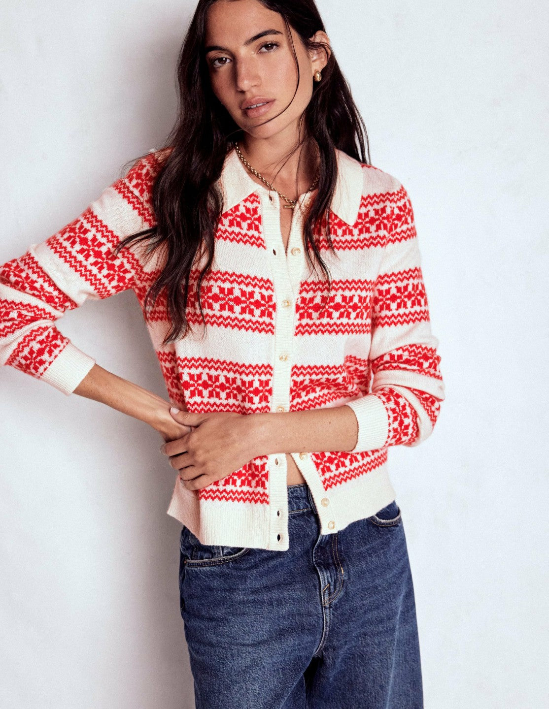 Edie Fair Isle Knitted Shirt-Warm Ivory, Red Fair Isle / Boden Outlet