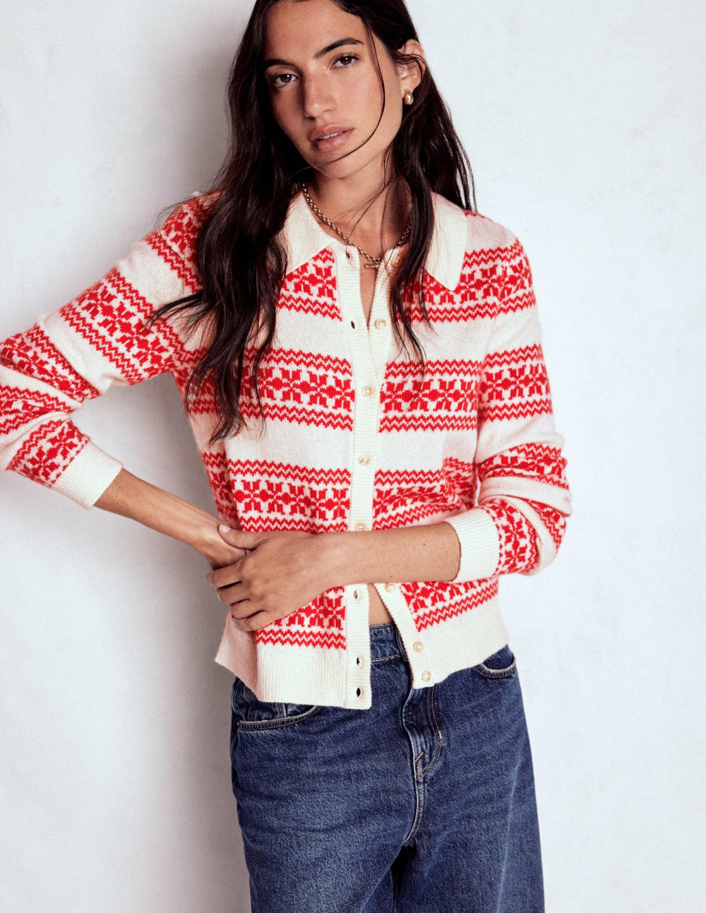 Edie Fair Isle Knitted Shirt-Warm Ivory, Red Fair Isle / Boden Outlet