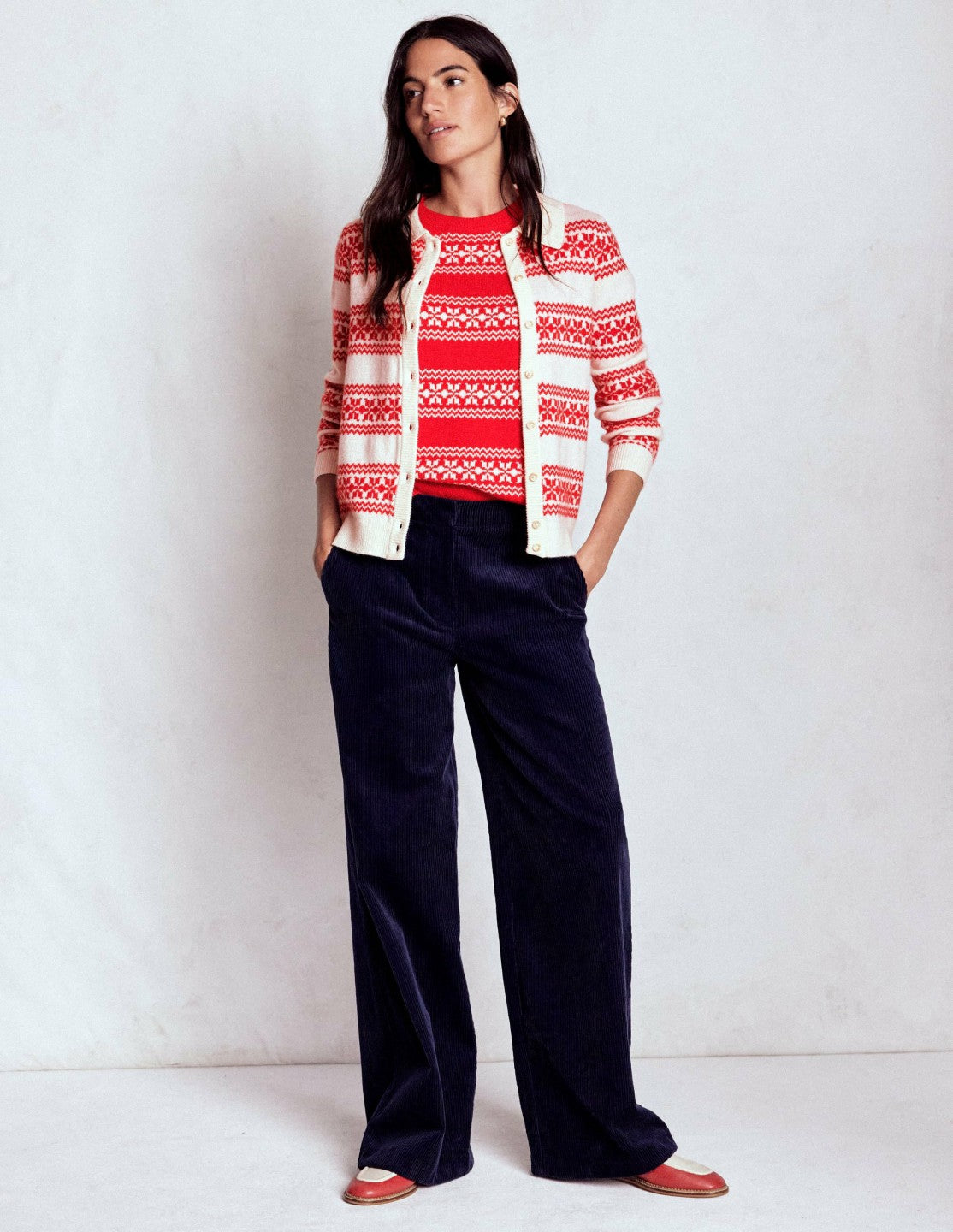 Edie Fair Isle Knitted Shirt-Warm Ivory, Red Fair Isle / Boden Outlet