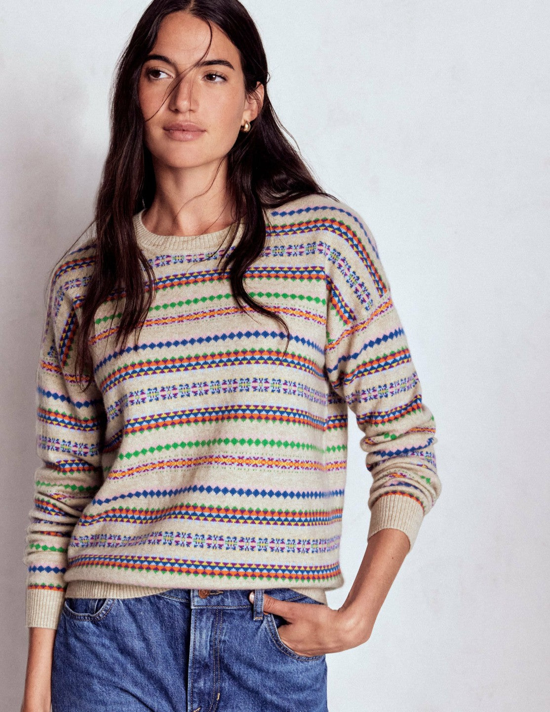 Lydia Cashmere Jumper-Oatmeal Melange Fair Isle / Boden