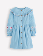 Button Through Blouson Dress-Glacier Blue / Boden Outlet