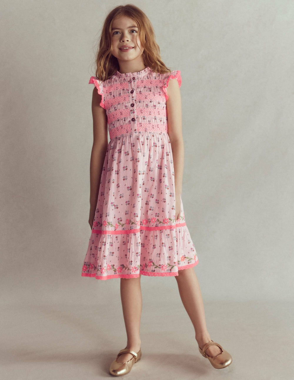 Shirred Bodice Midi Dress-Chalk Pink Daisy Chain / Boden