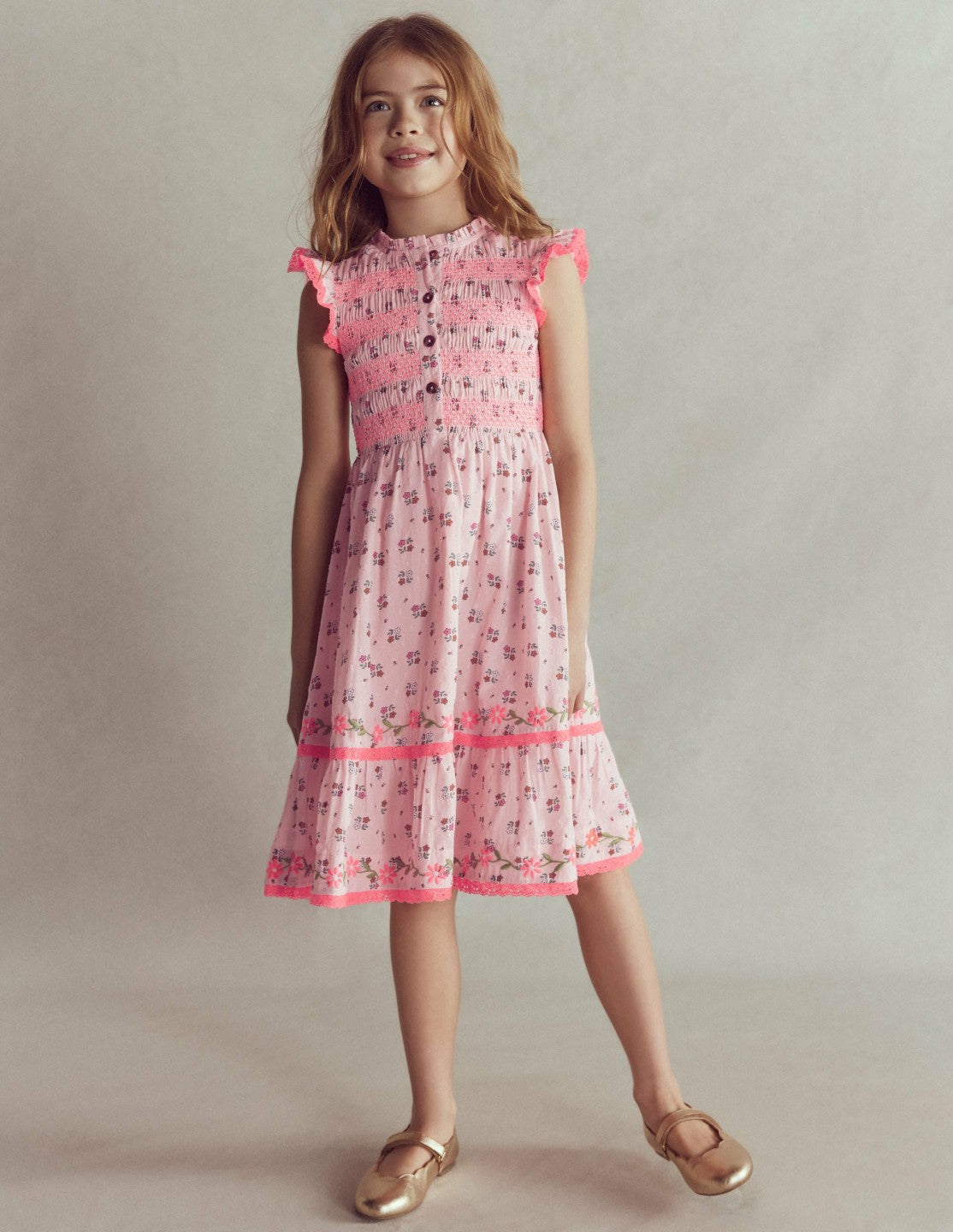 Shirred Bodice Midi Dress-Chalk Pink Daisy Chain / Boden