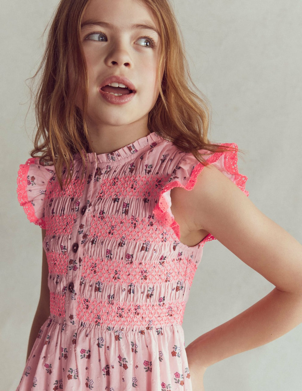 Shirred Bodice Midi Dress-Chalk Pink Daisy Chain / Boden
