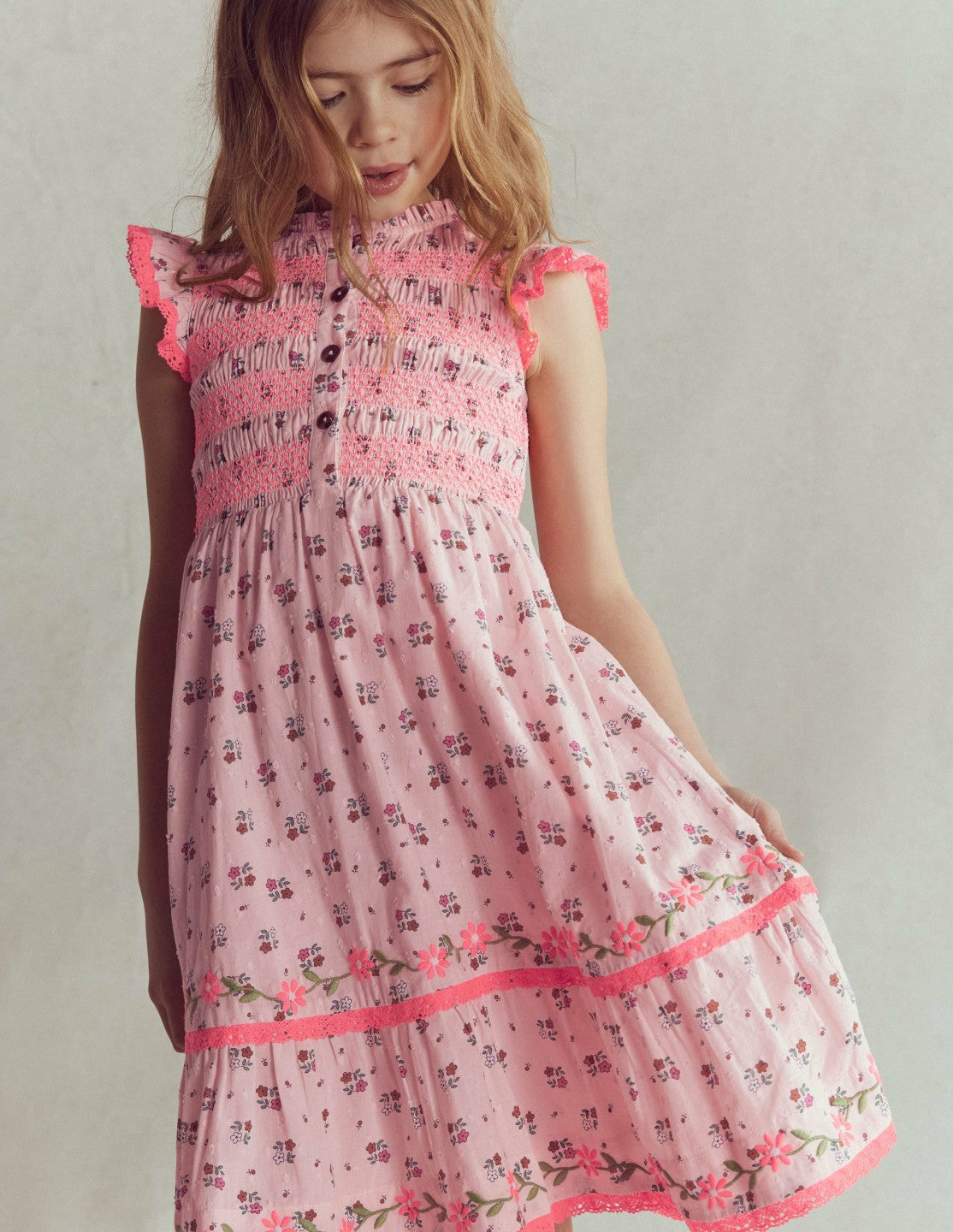 Shirred Bodice Midi Dress-Chalk Pink Daisy Chain / Boden