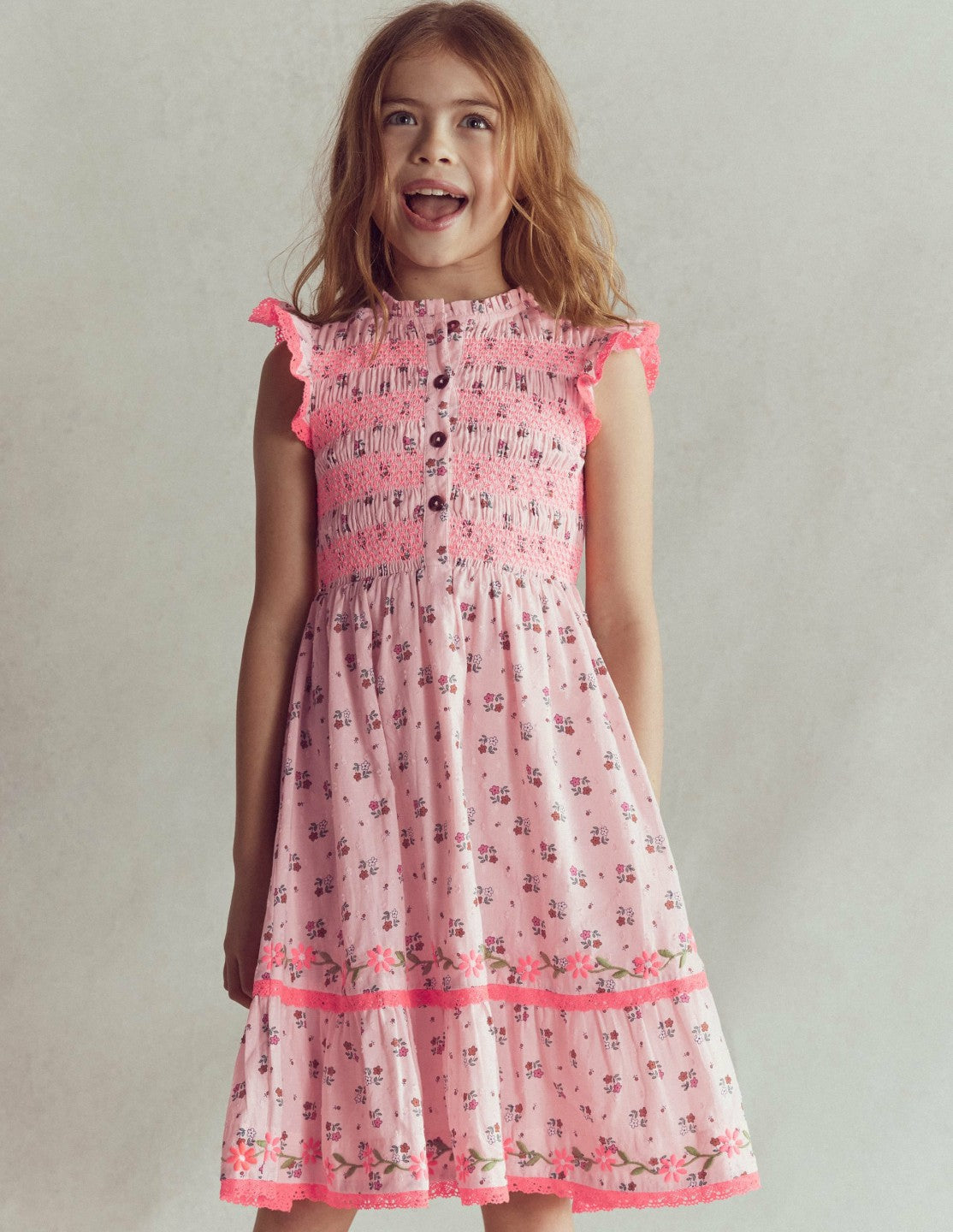 Shirred Bodice Midi Dress-Chalk Pink Daisy Chain / Boden