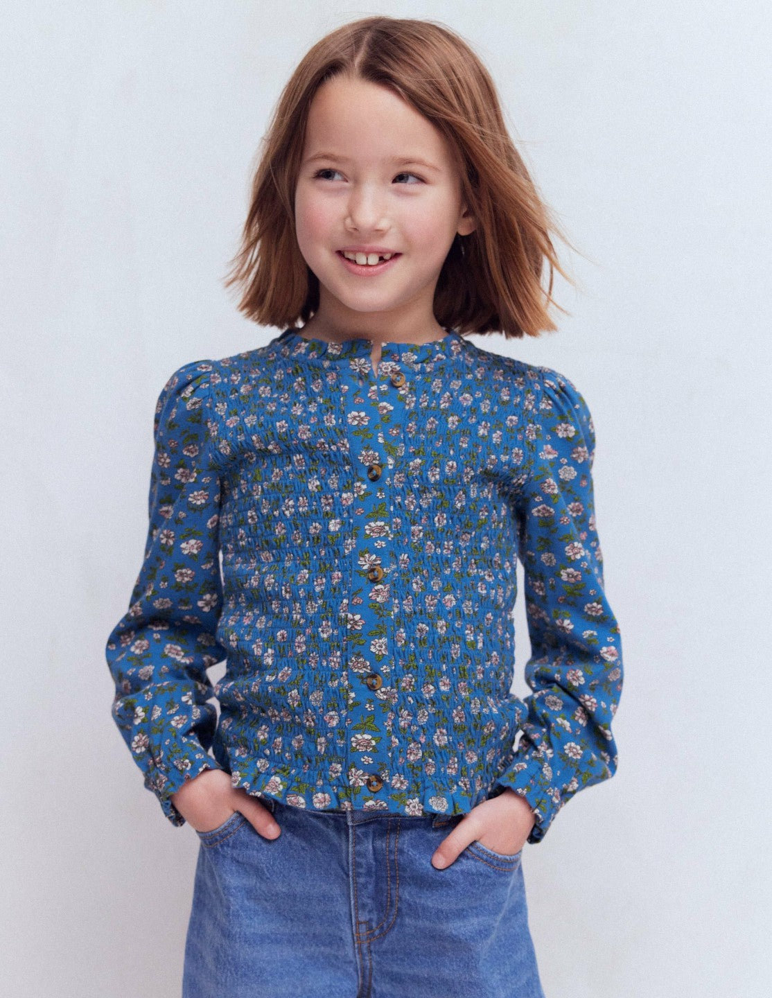 Smocked Jersey Blouse-Delft Garden Flower / Boden
