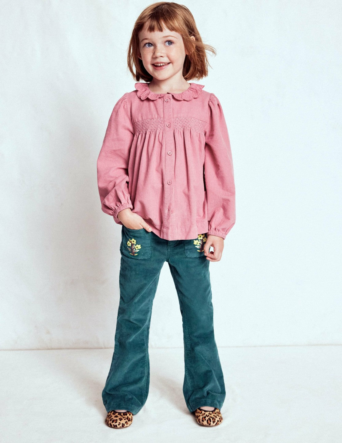 Scalloped Collar Smocked Shirt-Pink Cord / Boden Online