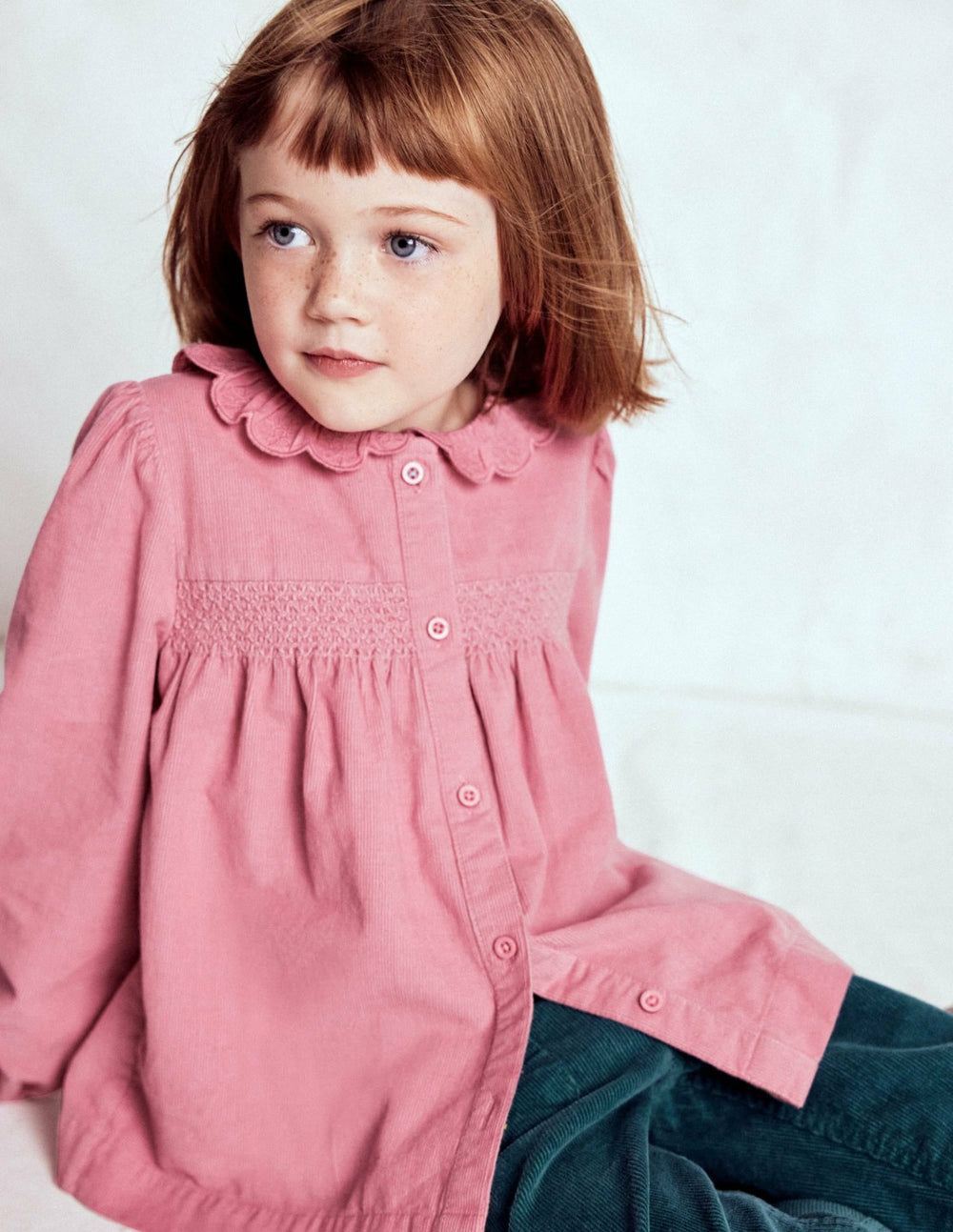 Scalloped Collar Smocked Shirt-Pink Cord / Boden Online
