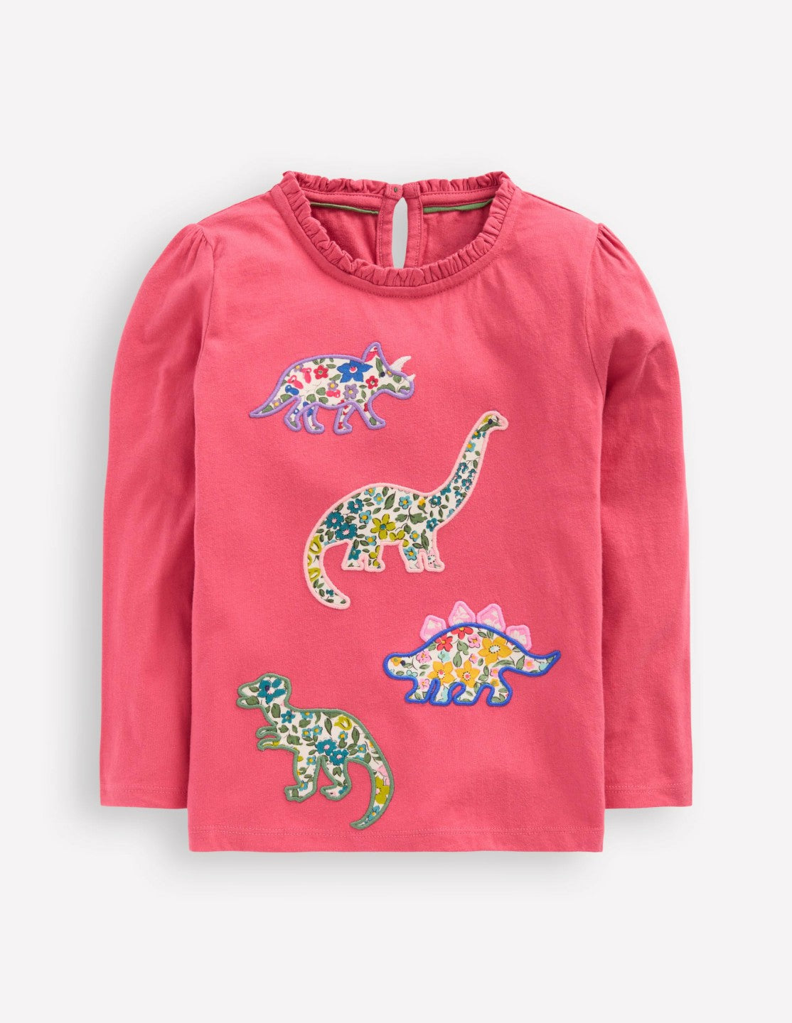 Frill Neck Appliqué T-shirt-Rose Pink Dinosaurs / Boden Outlet