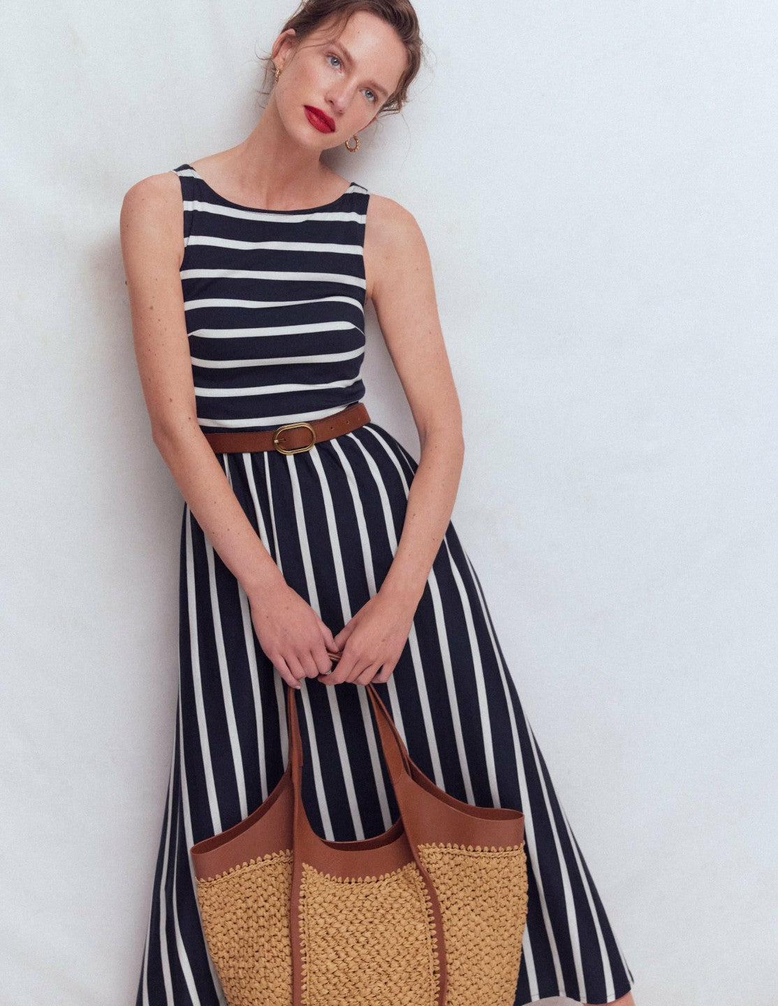 Saoirse Smocked Jersey Dress-Navy, Ivory Stripe / Boden